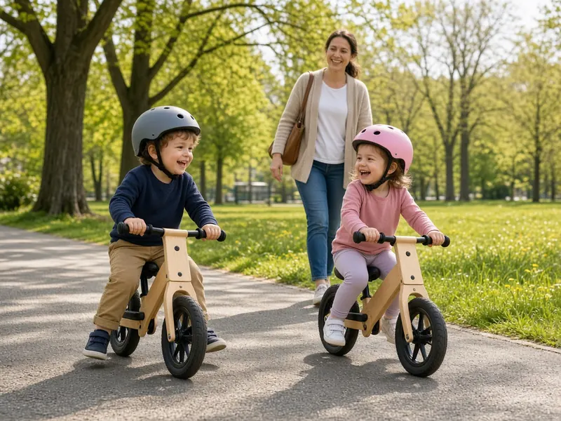 Two toddlers in helmets scooting on wooden balance bikes along a park path while their mom walks behind