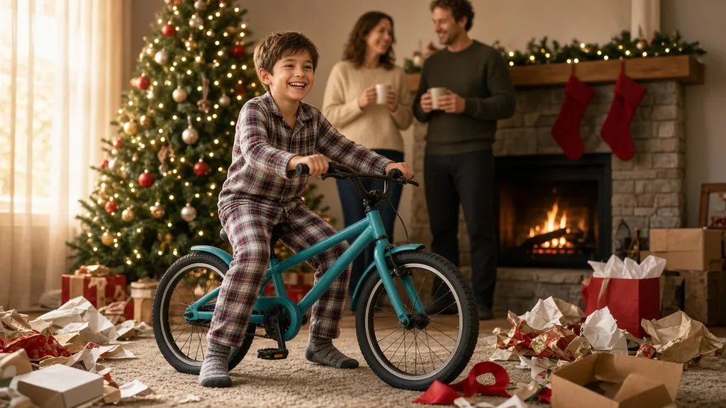 Illustration: on Christmas morning a beaming boy sits on his new bike by the tree, both feet flat on the floor, while his parents smile in the background