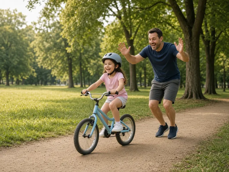 A beaming girl in a helmet riding her first pedal bike along a park path while her dad cheers beside her