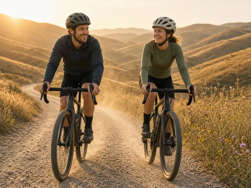Two riders laughing together on a gravel country road at golden hour