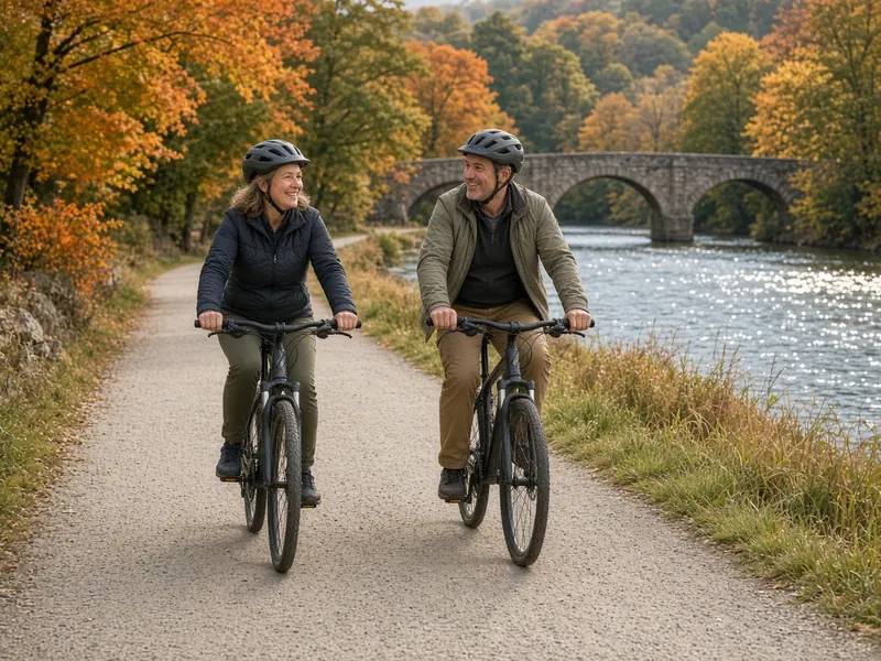 Two riders on hybrid bikes chatting as they cruise a riverside rail trail in autumn